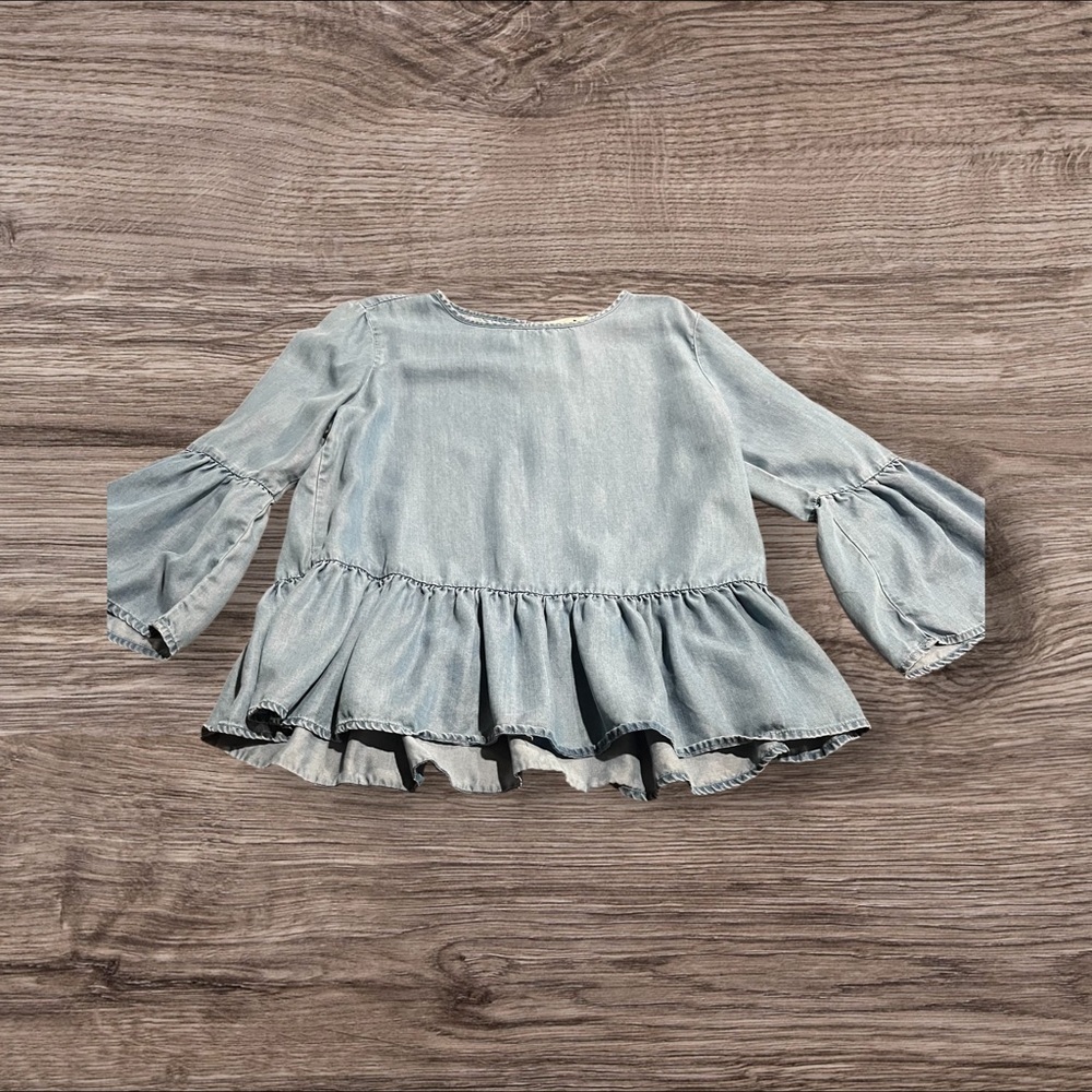 Beach Lunch Lounge Women’s Chambray Scoop Neck Bell Sleeve Ruffle Top Size L